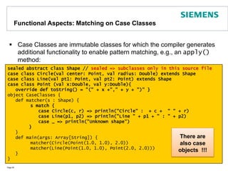 Functions Are Objects Function: S => T trait Function1[-S,+T] {     def apply(x:S):T   }Example:  (x: Int) => x * 2-> new Function1[Int,Int] {     def apply(X:Int):Int = x * 2   }In Scala all function values are objectsBasically, each function is identical to a class with an apply methodThus, you can even derive subclasses from functionsArray is an example for this: class Array [T] (length: Int ) extends (Int => T)  {def length: Int = ...Page 45