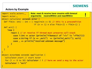 Functional Aspects: Matching on ListsLists can be easily used with Pattern Matching:Page 48object ListCase {   def matcher(l: List[Int]) {l match {	   case List(1,2,3,5,7) => println("Primes")	   case List(_,_,_3,_) => println("3 on 3");	   case 1::rest => println("List with starting 1");	   case List(_*) => println("Other List");        }   }   def main(args: Array[String]) {	matcher(List(1,2,3,5,7))	matcher(List(5,4,3,2))	matcher(List(1,4,5,6,7,8));	matcher(List(42))   }} => Primes <\n> 3 on 3 <\n> List with starting 1 <\n> Other List