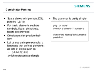 Functional Aspect: ExtractorsExtractors are objects with an unapply method used to match a value and partition it into constituents – an optional apply is used for synthesisPage 51object EMail {  def apply(prefix: String, domain: String) = prefix + "@" + domaindef unapply(s: String): Option[(String,String)] = {   val parts = s split "@"   if (parts.length == 2) Some(parts(0), parts(1)) else None  } }object scalafunctions { def main(args:Array[String]) {   val s = "michael.stal@siemens.com"   s match {      case EMail(user, domain) => println(user + " AT " + domain)     case _ => println("Invalid e-mail")   }  }	}