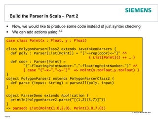 Actors by ExamplePage 53!Note: react & receive have cousins with timeout arguments:   receiveWithin and reactWithinimport scala.actors._import Actor._object Calculator extends Actor {  def fib(n: Int) : Int = { require(n >= 0) // this is a precondition if (n <= 1) n else fib(n-2) + fib(n-1) }  def act() {loop {        react { // or receive if thread must preserve call-stack	       case i:Int => actor {println("Fibonacci of "+i+" is "+fib(i))}	       case s:String if (s == „exit")  => {println(„exit!"); exit}	       case _ => println("received unknown message")         }     }  }}object ActorDemo extends Application {   Calculator.start // start Actor   for (i <- 0 to 30) Calculator ! i // here we send a msg to the actorCalculator ! "exit"}