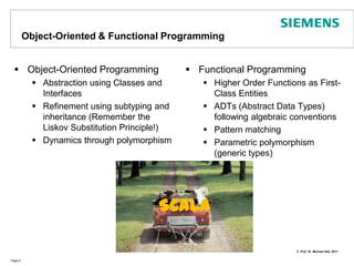 Object-Oriented & Functional ProgrammingObject-Oriented ProgrammingAbstraction using Classes and InterfacesRefinement using subtyping and inheritance (Remember the Liskov Substitution Principle!)Dynamics through polymorphismFunctional ProgrammingHigher Order Functions as First-Class EntitiesADTs (Abstract Data Types) following algebraic conventionsPattern matchingParametric polymorphism (generic types)Page 6SCALA