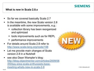 Accessing the Web with ScalaYou may use a mixture of Java and Scala code to access the WebSuppose, you‘d like to read a Web PageHere is an example how this might workPage 55import java.net._object WebDemo {  def main(args: Array[String]) {    require(args.length == 1)// we assume an URL was passed at the    // command line:val url = new URL(args(0)) // make URL// read web page stream and convert    // result to a string:    val page =   io.Source.fromURL(url).mkString    println(page)  // display result     }}