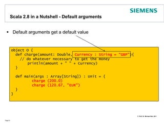 Combinator ParsingScala allows to implement DSL parsers (LL(1))For basic elements such as symbols, floats, strings etc. lexers are providedDevelopers can provide their own Let us use a simple example: a language that defines polygons as lists of points such as[(-1,0)(0,1)(+1,0)] which represents a triangleThe grammar is pretty simple:poly	::= coord *coord	::= “(“ number “,“ number “)“ number aka floatingPointNumber is predefinedPage 56