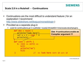 New in Version 2.8: Packrat ParsersPage 59With Packrat parsers you can handle left recursionIn addition parsing is possible in constant time but unlimited lookaheadimport scala.util.parsing.combinator._import scala.util.parsing.input.CharArrayReadercase class Point(x : Float, y : Float)object PackratParserDemo extends JavaTokenParsers with PackratParsers {  lazy val poly : Parser[List[Point]] = "["~>rep(coor)<~"]" ^^         { List[Point]() ++ _ }   lazy val coor : Parser[Point] =             "("~floatingPointNumber~","~floatingPointNumber~")" ^^         { case "("~x~","~y~")"  => Point(x.toFloat,y.toFloat) }}object ParserDemo extends Application {  println(PackratParserDemo.phrase(PackratParserDemo.poly)       (new CharArrayReader("[(1,2)(4,5)]".toCharArray)))}=> parsed: List(Point(1.0,2.0), Point(4.0,5.0))