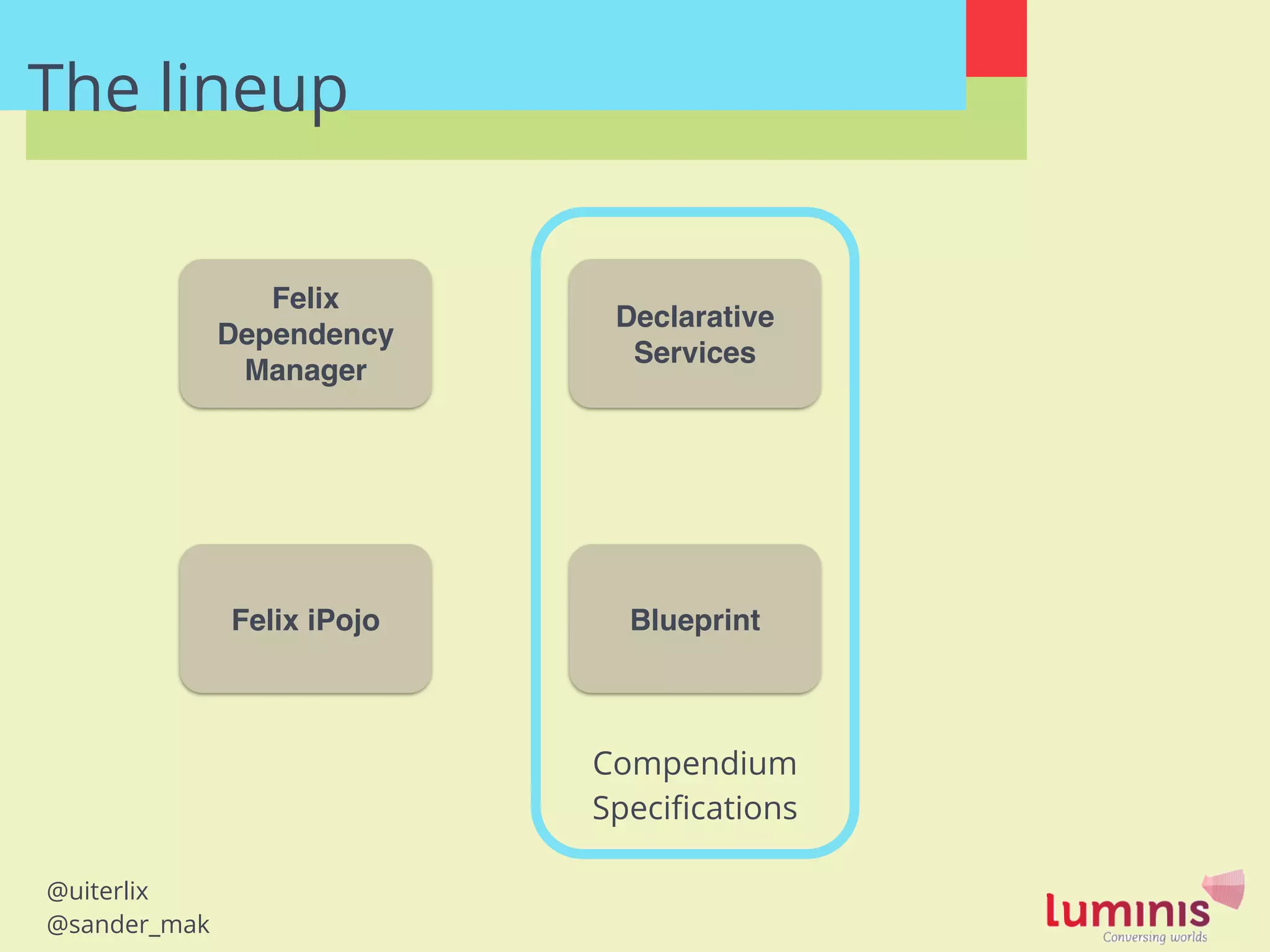 @uiterlix
@sander_mak
The lineup
Felix
Dependency
Manager
Felix iPojo
Compendium
Speciﬁcations
Declarative
Services
Blueprint
 