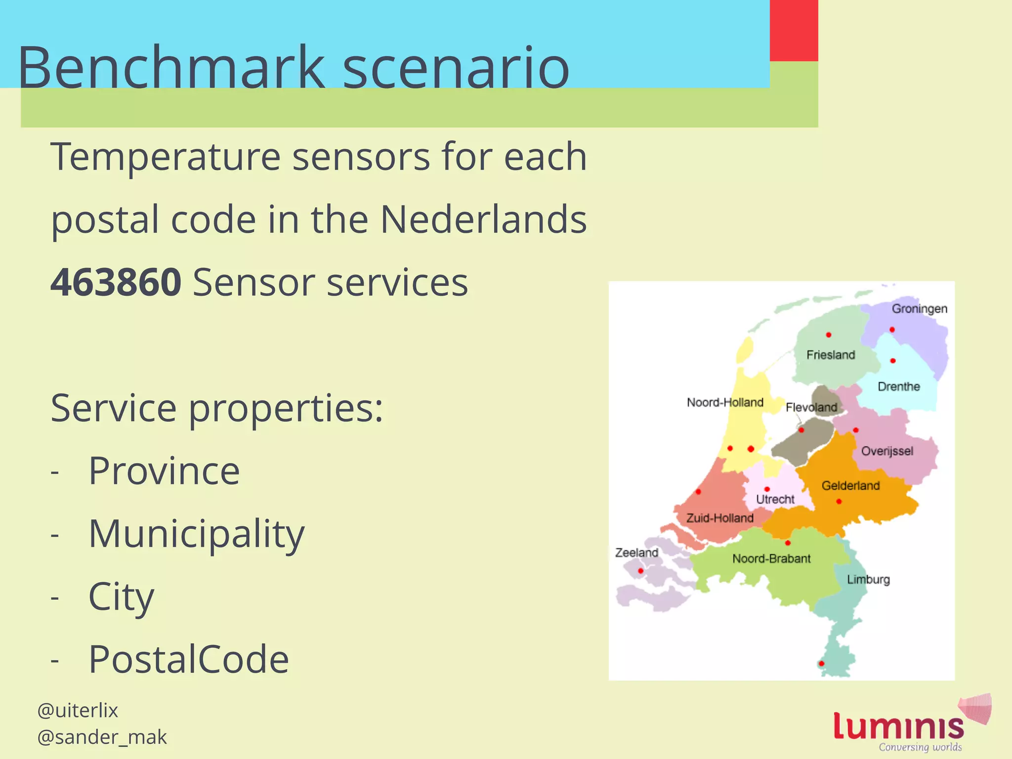 @uiterlix
@sander_mak
Benchmark scenario
!
!
Temperature sensors for each
postal code in the Nederlands
463860 Sensor services
!
Service properties:
- Province
- Municipality
- City
- PostalCode
 