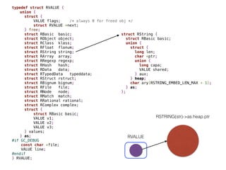 typedef struct RVALUE {
union {
struct {
VALUE flags; /* always 0 for freed obj */
struct RVALUE *next;
} free;
struct RBasic basic;
struct RObject object;
struct RClass klass;
struct RFloat flonum;
struct RString string;
struct RArray array;
struct RRegexp regexp;
struct RHash hash;
struct RData data;
struct RTypedData typeddata;
struct RStruct rstruct;
struct RBignum bignum;
struct RFile file;
struct RNode node;
struct RMatch match;
struct RRational rational;
struct RComplex complex;
struct {
struct RBasic basic;
VALUE v1;
VALUE v2;
VALUE v3;
} values;
} as;
#if GC_DEBUG
const char *file;
VALUE line;
#endif
} RVALUE;
RVALUE
struct RString {
struct RBasic basic;
union {
struct {
long len;
char *ptr;
union {
long capa;
VALUE shared;
} aux;
} heap;
char ary[RSTRING_EMBED_LEN_MAX + 1];
} as;
};
RSTRING(str)->as.heap.ptr
 