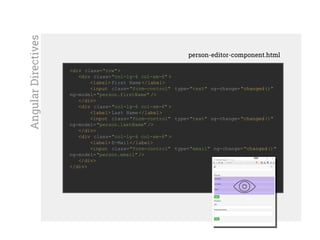 <div class="row">
<div class="col-lg-6 col-sm-6" >
<label> First Name</label>
<input class="form-control" type="text" ng-change="changed()"
ng-model="person.firstName" />
</div>
<div class="col-lg-6 col-sm-6" >
<label> Last Name</label>
<input class="form-control" type="text" ng-change="changed()"
ng-model="person.lastName" />
</div>
<div class="col-lg-6 col-sm-6" >
<label> E-Mail</label>
<input class="form-control" type="email" ng-change="changed()"
ng-model="person.email" />
</div>
</div>
person-editor-component.html
AngularDirectives
 