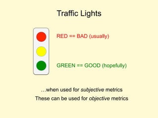 Traffic Lights
…when used for subjective metrics
These can be used for objective metrics
RED == BAD (usually)
GREEN == GOOD (hopefully)
 