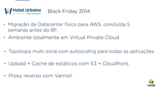 • Migração de Datacenter físico para AWS, concluída 5
semanas antes do BF.
• Upload + Cache de estáticos com S3 + Cloudfront.
• Topologia multi-zona com autoscaling para todas as aplicações
• Proxy reverso com Varnish
• Ambiente totalmente em Virtual Private Cloud
Black Friday 2014
 