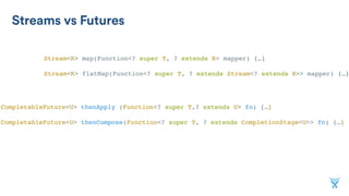 Streams vs Futures
Stream<R> map(Function<? super T, ? extends R> mapper) {…}
Stream<R> flatMap(Function<? super T, ? extends Stream<? extends R>> mapper) {…}
CompletableFuture<U> thenApply (Function<? super T,? extends U> fn) {…}
CompletableFuture<U> thenCompose(Function<? super T, ? extends CompletionStage<U>> fn) {…}
 