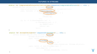 FUTURES VS STREAMS
static <A> Stream<Stream<A>> sequenceS(Stream<A>... cfs) {
return Arrays.asList(cfs).stream().reduce(
Stream.of(Stream.empty()),
(acc, coll) ->
acc.flatMap((xs) ->
coll.map((x) ->
Stream.concat(xs, Stream.of(x)))),
(acc, coll) -> acc.flatMap((xs) ->
coll.map((x) ->
Stream.concat(xs, x))));
}
static <A> CompletableFuture<Collection<A>> sequence(CompletableFuture<A>... cfs) {
return Arrays.asList(cfs).stream().reduce(
CompletableFuture.completedFuture(new ArrayList<>()),
(acc, future) -> acc.thenCompose((xs) ->
future.thenApply((x) -> {
xs.add(x);
return xs;
})),
(a, b) -> a.thenCompose((xs) ->
b.thenApply((ys) -> {
xs.addAll(ys);
return xs;
})));
}
 