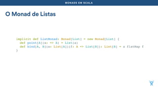 MONADS EM SCALA
O Monad de Listas
implicit def ListMonad: Monad[List] = new Monad[List] {
def point[A](a: => A) = List(a)
def bind[A, B](a: List[A])(f: A => List[B]): List[B] = a flatMap f
}
 