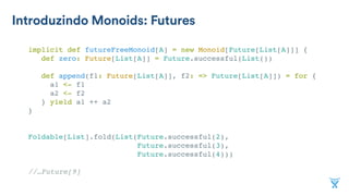 Introduzindo Monoids: Futures
implicit def futureFreeMonoid[A] = new Monoid[Future[List[A]]] {
def zero: Future[List[A]] = Future.successful(List())
def append(f1: Future[List[A]], f2: => Future[List[A]]) = for {
a1 <- f1
a2 <- f2
} yield a1 ++ a2
}
Foldable[List].fold(List(Future.successful(2),
Future.successful(3),
Future.successful(4)))
//…Future[9]
 