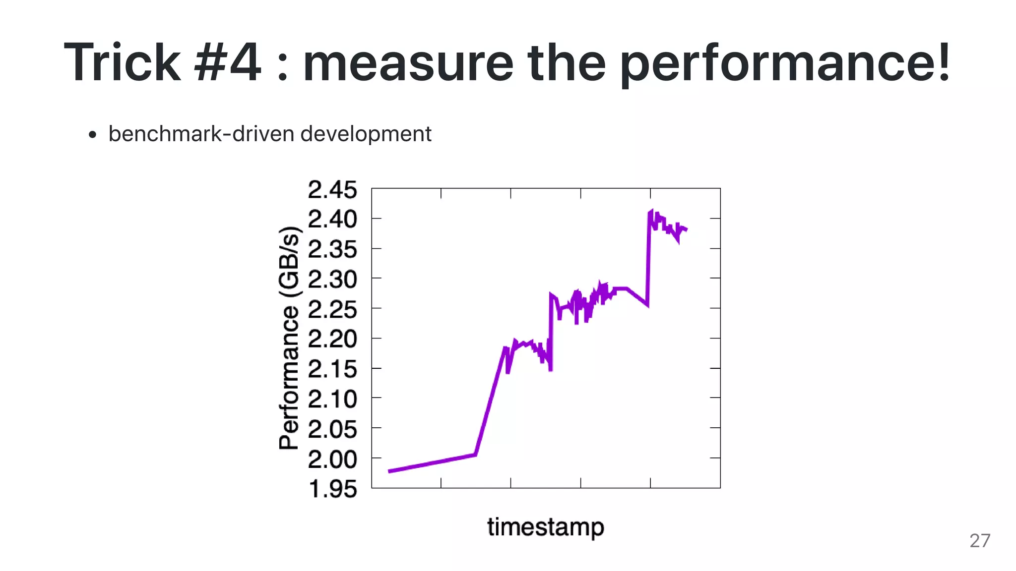 Trick#4:measuretheperformance!
benchmark-drivendevelopment
27
 