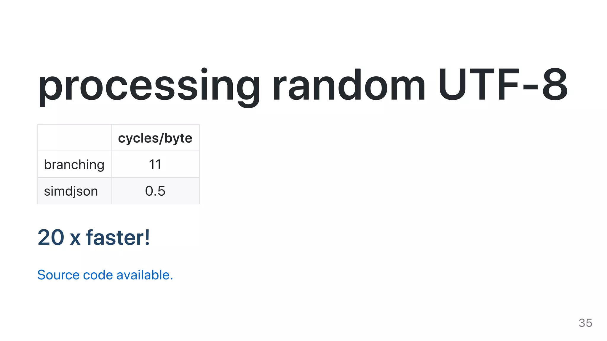 processingrandomUTF-8cycles/byte
branching 11
simdjson 0.5
20xfaster!
Sourcecodeavailable.
35
 