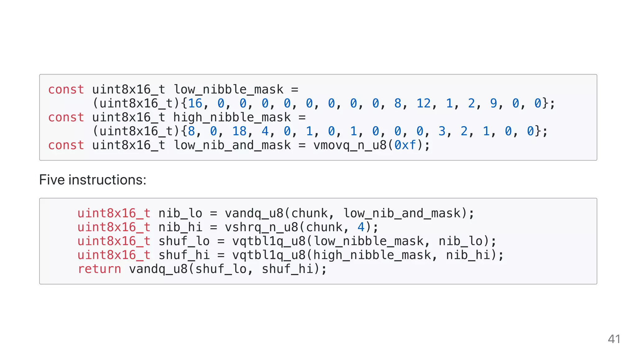 const uint8x16_t low_nibble_mask =
(uint8x16_t){16, 0, 0, 0, 0, 0, 0, 0, 0, 8, 12, 1, 2, 9, 0, 0};
const uint8x16_t high_nibble_mask =
(uint8x16_t){8, 0, 18, 4, 0, 1, 0, 1, 0, 0, 0, 3, 2, 1, 0, 0};
const uint8x16_t low_nib_and_mask = vmovq_n_u8(0xf);
Fiveinstructions:
uint8x16_t nib_lo = vandq_u8(chunk, low_nib_and_mask);
uint8x16_t nib_hi = vshrq_n_u8(chunk, 4);
uint8x16_t shuf_lo = vqtbl1q_u8(low_nibble_mask, nib_lo);
uint8x16_t shuf_hi = vqtbl1q_u8(high_nibble_mask, nib_hi);
return vandq_u8(shuf_lo, shuf_hi);
41
 