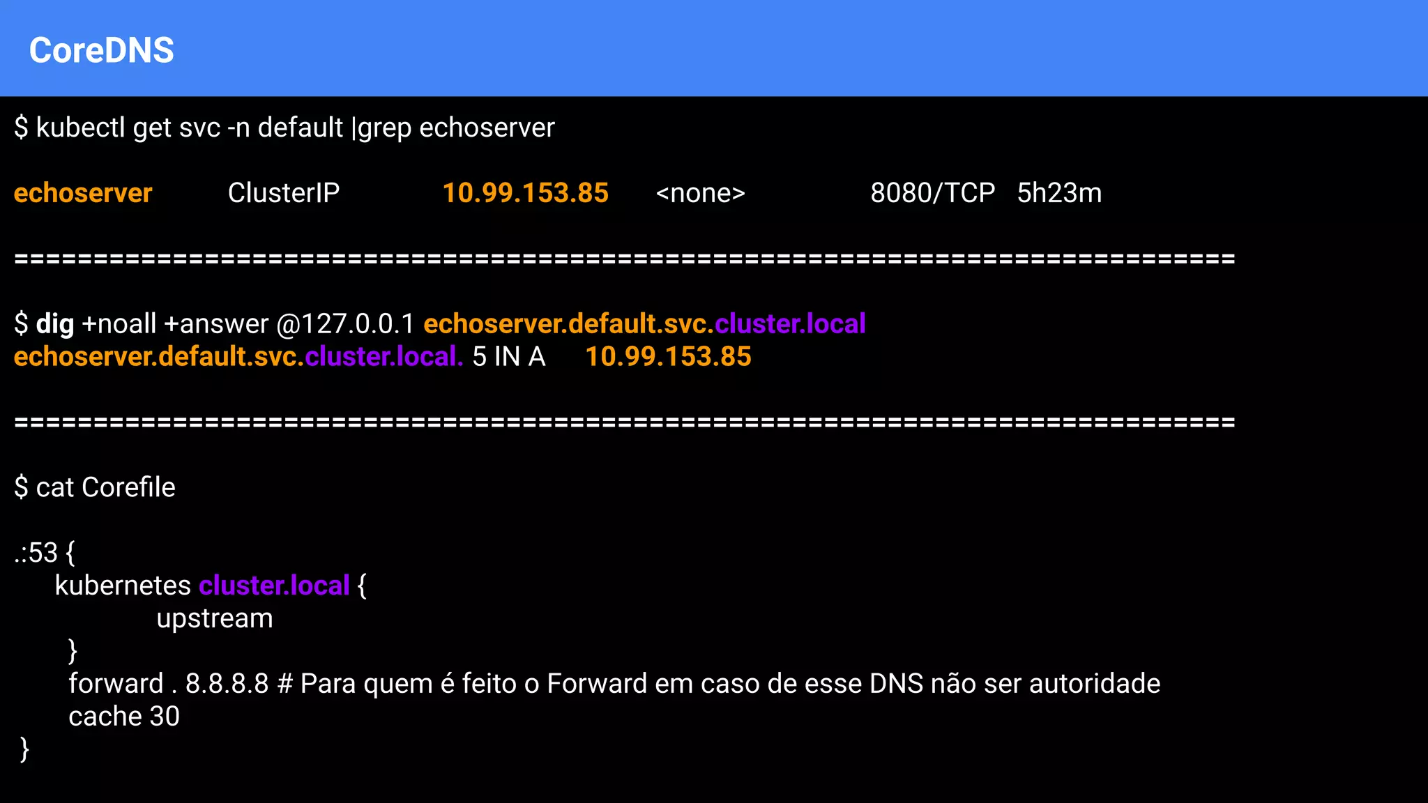 CoreDNS
$ kubectl get svc -n default |grep echoserver
echoserver ClusterIP 10.99.153.85 <none> 8080/TCP 5h23m
=============================================================================
$ dig +noall +answer @127.0.0.1 echoserver.default.svc.cluster.local
echoserver.default.svc.cluster.local. 5 IN A 10.99.153.85
=============================================================================
$ cat Coreﬁle
.:53 {
kubernetes cluster.local {
upstream
}
forward . 8.8.8.8 # Para quem é feito o Forward em caso de esse DNS não ser autoridade
cache 30
}
 