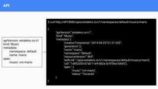 API
apiVersion: estaleiro.io/v1
kind: Music
metadata:
namespace: default
name: mario
spec:
music: cm-mario
$ curl http://API:8080/apis/estaleiro.io/v1/namespaces/default/musics/mario
{
"apiVersion":"estaleiro.io/v1",
"kind":"Music",
"metadata":{
"creationTimestamp":"2019-04-25T21:21:39Z",
"generation":2,
"name":"mario",
"namespace":"default",
"resourceVersion":"469",
"selfLink":"/apis/estaleiro.io/v1/namespaces/default/musics/mario",
"uid":"1d852d55-67a0-11e9-b82a-3c970ea1b665"},
"spec": {
"music":"cm-mario",
"status":"Tocando"
}
}
 