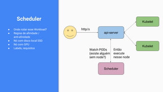 Scheduler
● Onde rodar esse Workload?
● Regras de aﬁnidade /
anti-aﬁnidade
● Nó com disco local SSD
● Nó com GPU
● Labels, requisitos
api-server
http/s
Scheduler
Kubelet
Kubelet
Watch PODs
(existe alguém
sem node?)
Então
execute
nesse node
 