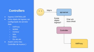 Controllers
● Ingress CONTROLLER
● Entra objeto de Ingress, sai
conﬁguração de servidor
Web
○ HAProxy
○ NGINX
○ Contour
○ Istio
○ Gloo
○ Etc etc etc
● Assim como meu
Controller de musica :)
api-server
http/s
Controller
Existe
objeto
ingress?
Criar um
novo vhost
HAProxy
 