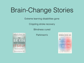 Brain-Change Stories
Extreme learning disabilities gone
Crippling stroke recovery
Blindness cured
Parkinson’s
 