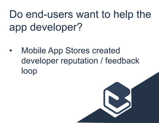 Do end-users want to help the
app developer?
• Mobile App Stores created
developer reputation / feedback
loop
 