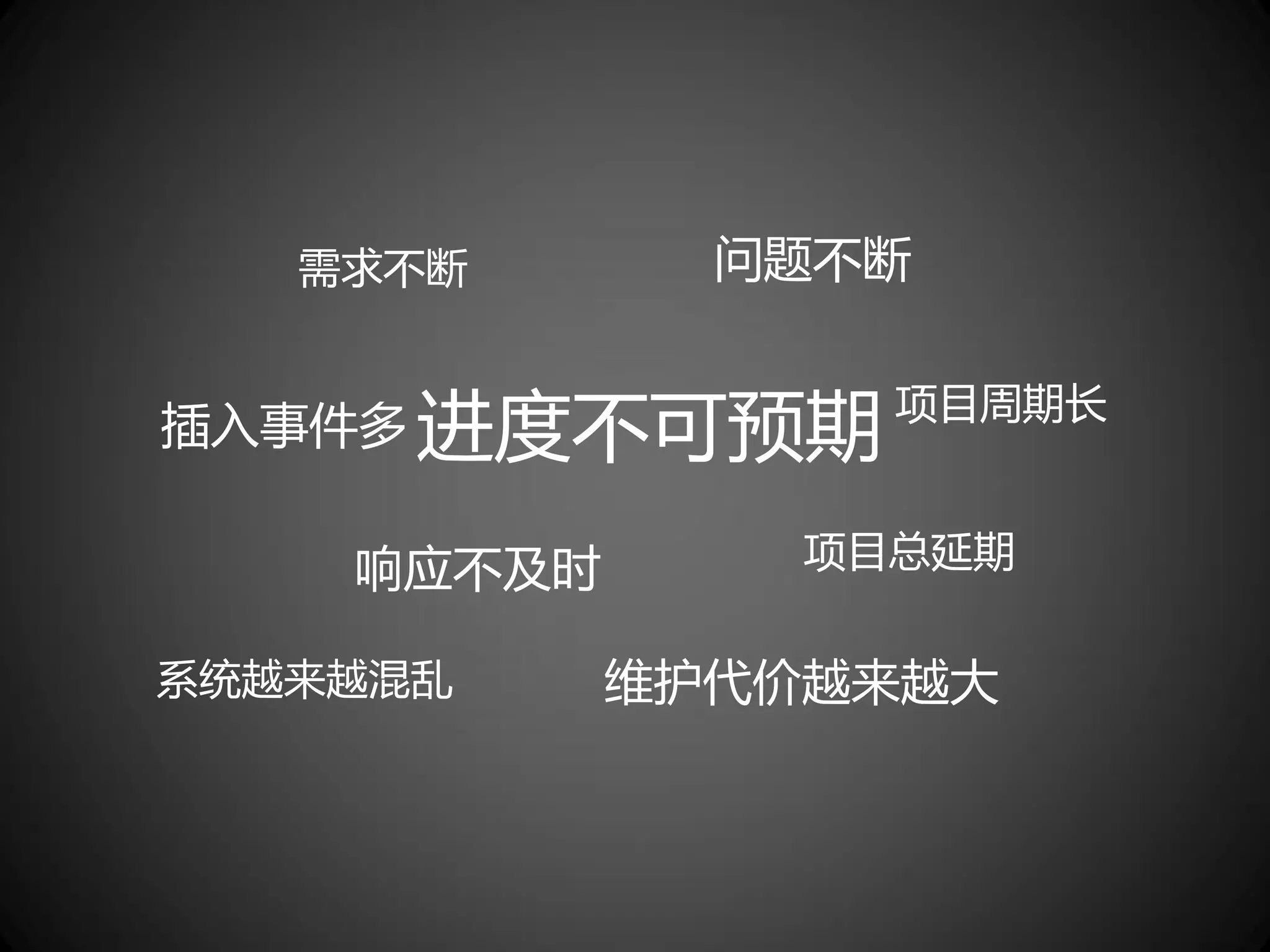 需求不断       问题不断


插入事件多 进度不可预期 项目周期长

    响应不及时       项目总延期


系统越来越混乱     维护代价越来越大
 