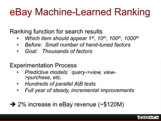 eBay Machine-Learned Ranking
Ranking function for search results
• Which item should appear 1st, 10th, 100th, 1000th
• Bef...
