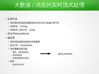  / Ϣʵʱʽ
 ֤ȯҵ
 ʵʱۺͳɽرķֲʽнڼƽ̨
 2006꣺ Erlang
 2008 -2012꣺ Scala
 ע Process/Actor
 㶹
 ʵʱϢƶ
 2013꣺ Scala/Akka
 Ҫ
C ¼ϢĽ
C ״̬ı
C ҵ߼ʽӿ
 Ȼ
C ʵʱʽ
spray-socketio
 