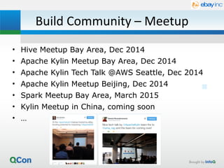 Build	
  Community	
  –	
  Meetup
• Hive Meetup Bay Area, Dec 2014
• Apache Kylin Meetup Bay Area, Dec 2014
• Apache Kylin Tech Talk @AWS Seattle, Dec 2014
• Apache Kylin Meetup Beijing, Dec 2014
• Spark Meetup Bay Area, March 2015
• Kylin Meetup in China, coming soon
• …
 