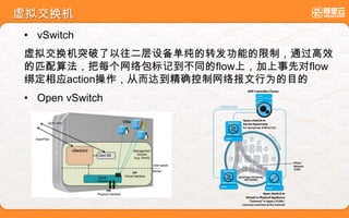 虚拟交换机
• vSwitch
虚拟交换机突破了以往二层设备单纯的转发功能的限制，通过高效
的匹配算法，把每个网络包标记到不同的flow上，加上事先对flow
绑定相应action操作，从而达到精确控制网络报文行为的目的
• Open vSwitch
 
