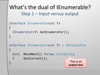 What’s	
  the	
  dual	
  of	
  IEnumerable?	
  

interface	
  IEnumerable<out	
  T>	
  
{	
  
	
  	
  IEnumerator<T>	
  GetEnumerator();	
  
}	
  
	
  
interface	
  IEnumerator<out	
  T>	
  :	
  IDisposable	
  
{	
  
	
  	
  bool	
  	
  MoveNext()	
  throws	
  Exception;	
  
	
  	
  T	
  	
  	
  	
  	
  GetCurrent();	
  
                                                   This is an
}	
  
                                              output too!
 