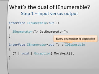 What’s	
  the	
  dual	
  of	
  IEnumerable?	
  

interface	
  IEnumerable<out	
  T>	
  
{	
  
	
  	
  IEnumerator<T>	
  GetEnumerator();	
  
}	
  
                                               Every enumerator is disposable
	
  
interface	
  IEnumerator<out	
  T>	
  :	
  IDisposable	
  
{	
  
	
  	
  (T	
  |	
  void	
  |	
  Exception)	
  MoveNext();	
  
}	
  
 