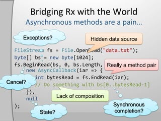 Bridging	
  Rx	
  with	
  the	
  World	
  

  	
   Exceptions?                                        Hidden data source
  	
  
  FileStream	
  fs	
  =	
  File.OpenRead("data.txt");	
  
  byte[]	
  bs	
  =	
  new	
  byte[1024];	
  
  fs.BeginRead(bs,	
  0,	
  bs.Length,	
   Really a method pair
  	
  	
  	
  	
  new	
  AsyncCallback(iar	
  =>	
  {	
  
  	
  	
  	
  	
  	
  	
  	
  int	
  bytesRead	
  =	
  fs.EndRead(iar);	
  
Cancel?
  	
  	
  	
  	
  	
  	
  	
  //	
  Do	
  something	
  with	
  bs[0..bytesRead-­‐1]	
  
  	
  	
  	
  	
  }),	
  
  	
  	
  	
  	
  null	
                   Lack of composition
  );	
                                                               Synchronous
                                State?                               completion?
 