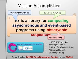 Mission	
  Accomplished	
  
Way	
  simpler	
  with	
  Rx	
                 (!  ◦  ")(#)  =  !("(#))



    Rx is a library for composing
   asynchronous and event-based
     programs using observable
              sequences.
                                                      Queries!	
  LINQ!	
  

                                                 •    .NET	
  3.5	
  SP1	
  and	
  4.0	
  
                                                 •    Silverlight	
  3	
  and	
  4	
  
                                                 •    XNA	
  3.1	
  for	
  XBOX	
  and	
  Zune	
  
                                                 •    Windows	
  Phone	
  7	
  
                                                 •    JavaScript	
  (RxJS)	
  

                          MSDN	
  Data	
  Developer	
  Center	
                    NuGet	
  
 
