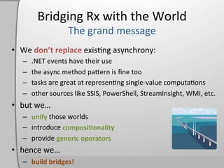Bridging	
  Rx	
  with	
  the	
  World	
  

•  Cold	
  observables	
  
       var	
         Observable.Return

           ...