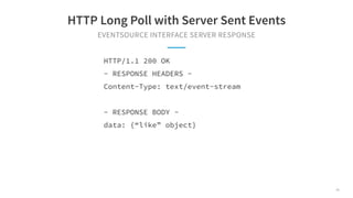 EVENTSOURCE INTERFACE SERVER RESPONSE
HTTP Long Poll with Server Sent Events
HTTP/1.1 200 OK
- RESPONSE HEADERS -
Content-...