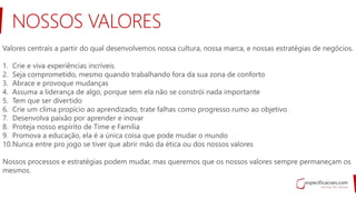 Valores centrais a partir do qual desenvolvemos nossa cultura, nossa marca, e nossas estratégias de negócios.
1. Crie e viva experiências incríveis
2. Seja comprometido, mesmo quando trabalhando fora da sua zona de conforto
3. Abrace e provoque mudanças
4. Assuma a liderança de algo, porque sem ela não se constrói nada importante
5. Tem que ser divertido
6. Crie um clima propício ao aprendizado, trate falhas como progresso rumo ao objetivo
7. Desenvolva paixão por aprender e inovar
8. Proteja nosso espírito de Time e Família
9. Promova a educação, ela é a única coisa que pode mudar o mundo
10.Nunca entre pro jogo se tiver que abrir mão da ética ou dos nossos valores
Nossos processos e estratégias podem mudar, mas queremos que os nossos valores sempre permaneçam os
mesmos.
NOSSOS VALORES
 