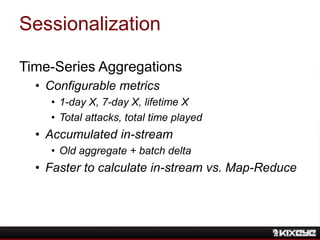 Sessionalization
Time-Series Aggregations
• Configurable metrics
• 1-day X, 7-day X, lifetime X
• Total attacks, total tim...