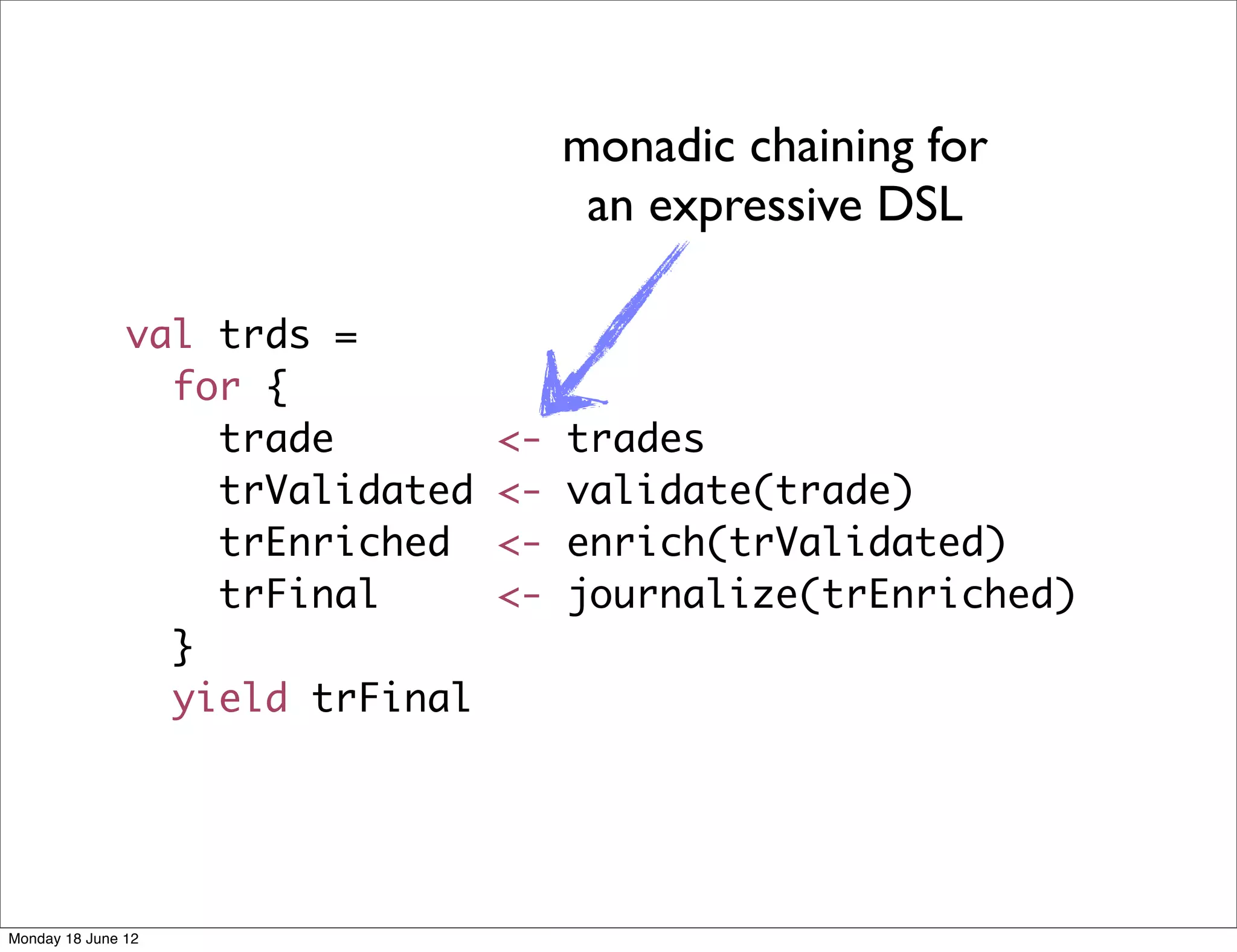 monadic chaining for
                                       an expressive DSL

               val trds =
                 for {
                   trade         <-   trades
                   trValidated   <-   validate(trade)
                   trEnriched    <-   enrich(trValidated)
                   trFinal       <-   journalize(trEnriched)
                 }
                 yield trFinal




Monday 18 June 12
 