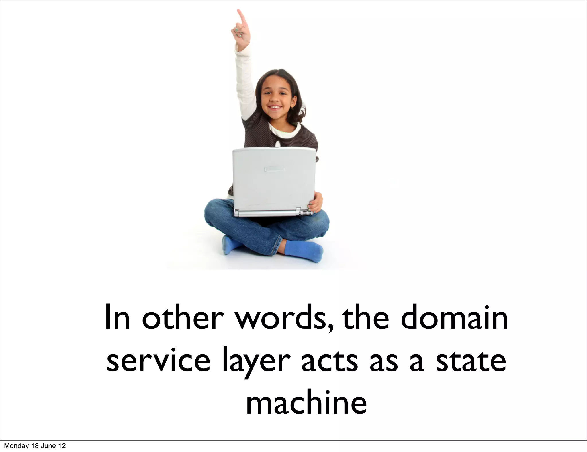 In other words, the domain
                    service layer acts as a state
                              machine
Monday 18 June 12
 