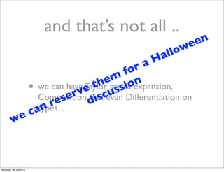 and that’s not all ..
                                               een
                                           llow
                                         Ha
                                    r a
                                 fo
                             em ion
                          th series expansion,
          • we can have e cuss
                        Taylor
                     rv and even Differentiation on
                  se d
            Composition, is
               re..
          can
            types
       we



Monday 18 June 12
 