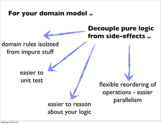 For your domain model ..

                                              Decouple pure logic
                                              from side-effects ..
domain rules isolated
  from impure stuff


                    easier to
                    unit test
                                                   ﬂexible reordering of
                                                    operations - easier
                                                        parallelism
                                easier to reason
                                about your logic
Monday 18 June 12
 