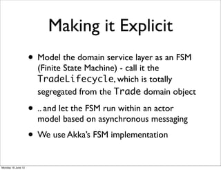 Making it Explicit
                    • Model the domain service layer as an FSM
                      (Finite State Machine) - call it the
                      TradeLifecycle, which is totally
                      segregated from the Trade domain object

                    • .. and let the FSM run within an actor
                      model based on asynchronous messaging
                    • We use Akka’s FSM implementation
Monday 18 June 12
 