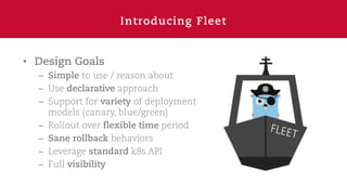 Introducing Fleet
• Design Goals
– Simple to use / reason about
– Use declarative approach
– Support for variety of deployment
models (canary, blue/green)
– Rollout over flexible time period
– Sane rollback behaviors
– Leverage standard k8s API
– Full visibility
 