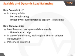 **
How Scalable it is?
๏ In theory infinite
- horizontal scaling
- limited by resource (instance capacity) availability
How Dynamic it is?
๏ Load Balancers are spawned dynamically
- LB too is a cartridge
๏ In case of multi-cloud, multi-region, LB can scale per
cloud/region
๏ Per service cluster LB
Scalable and Dynamic Load Balancing
 