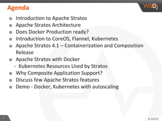 **
Agenda
๏ Introduction to Apache Stratos
๏ Apache Stratos Architecture
๏ Does Docker Production ready?
๏ Introduction to CoreOS, Flannel, Kubernetes
๏ Apache Stratos 4.1 – Containerization and Composition
Release
๏ Apache Stratos with Docker
- Kubernetes Resources Used by Stratos
๏ Why Composite Application Support?
๏ Discuss few Apache Stratos features
๏ Demo - Docker, Kubernetes with autoscaling
 