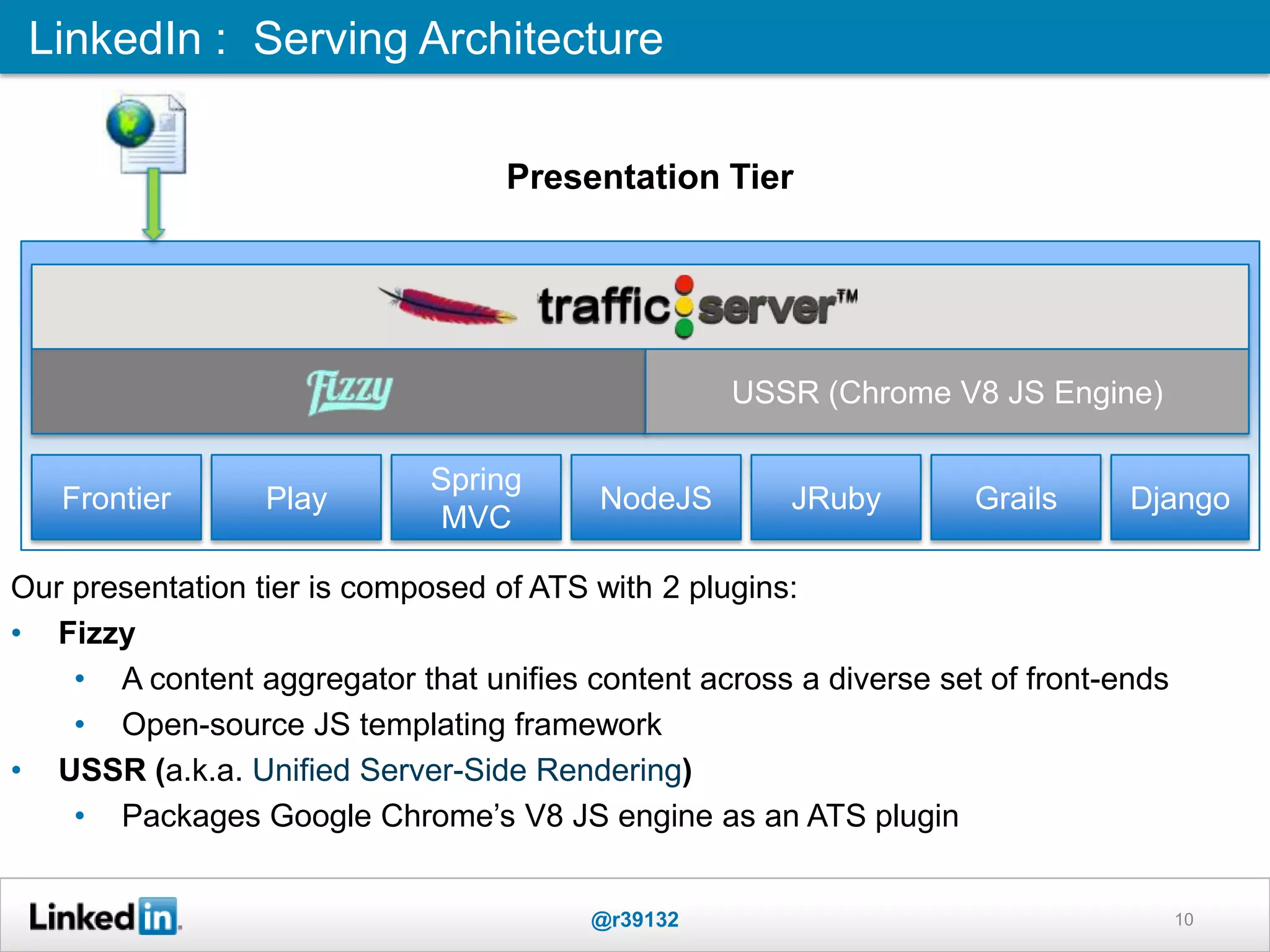 LinkedIn : Serving Architecture
@r39132 10
Frontier
Presentation Tier
Play
Spring
MVC
NodeJS JRuby Grails Django
USSR (Chrome V8 JS Engine)
Our presentation tier is composed of ATS with 2 plugins:
• Fizzy
• A content aggregator that unifies content across a diverse set of front-ends
• Open-source JS templating framework
• USSR (a.k.a. Unified Server-Side Rendering)
• Packages Google Chrome‟s V8 JS engine as an ATS plugin
 