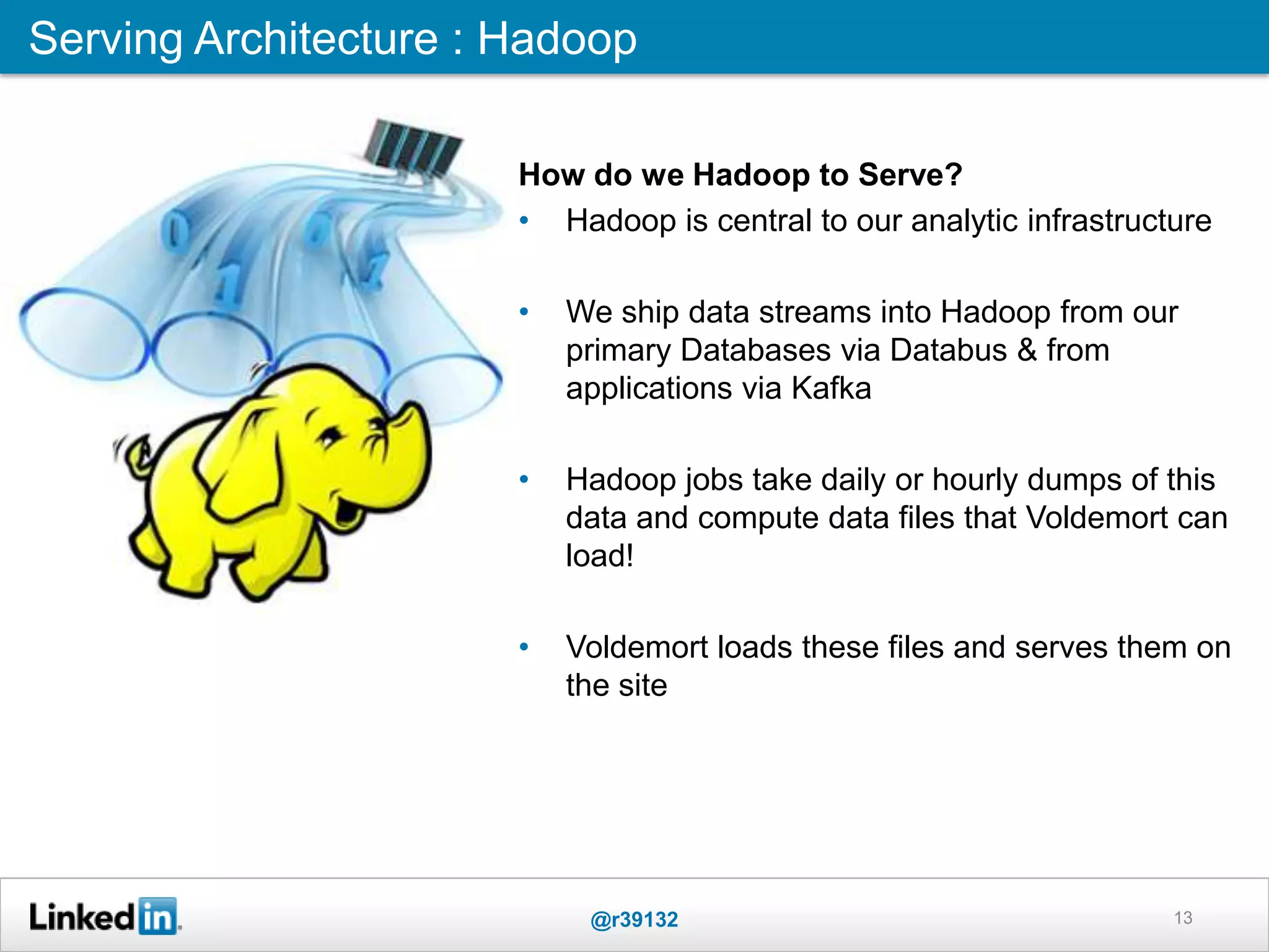 13
Serving Architecture : Hadoop
@r39132
How do we Hadoop to Serve?
• Hadoop is central to our analytic infrastructure
• We ship data streams into Hadoop from our
primary Databases via Databus & from
applications via Kafka
• Hadoop jobs take daily or hourly dumps of this
data and compute data files that Voldemort can
load!
• Voldemort loads these files and serves them on
the site
 